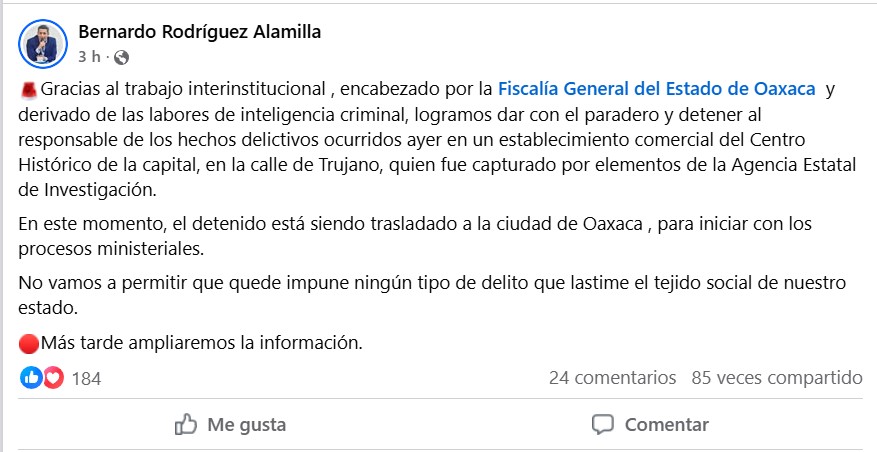 Captura de pantalla de x del fiscal general de Oaxaca